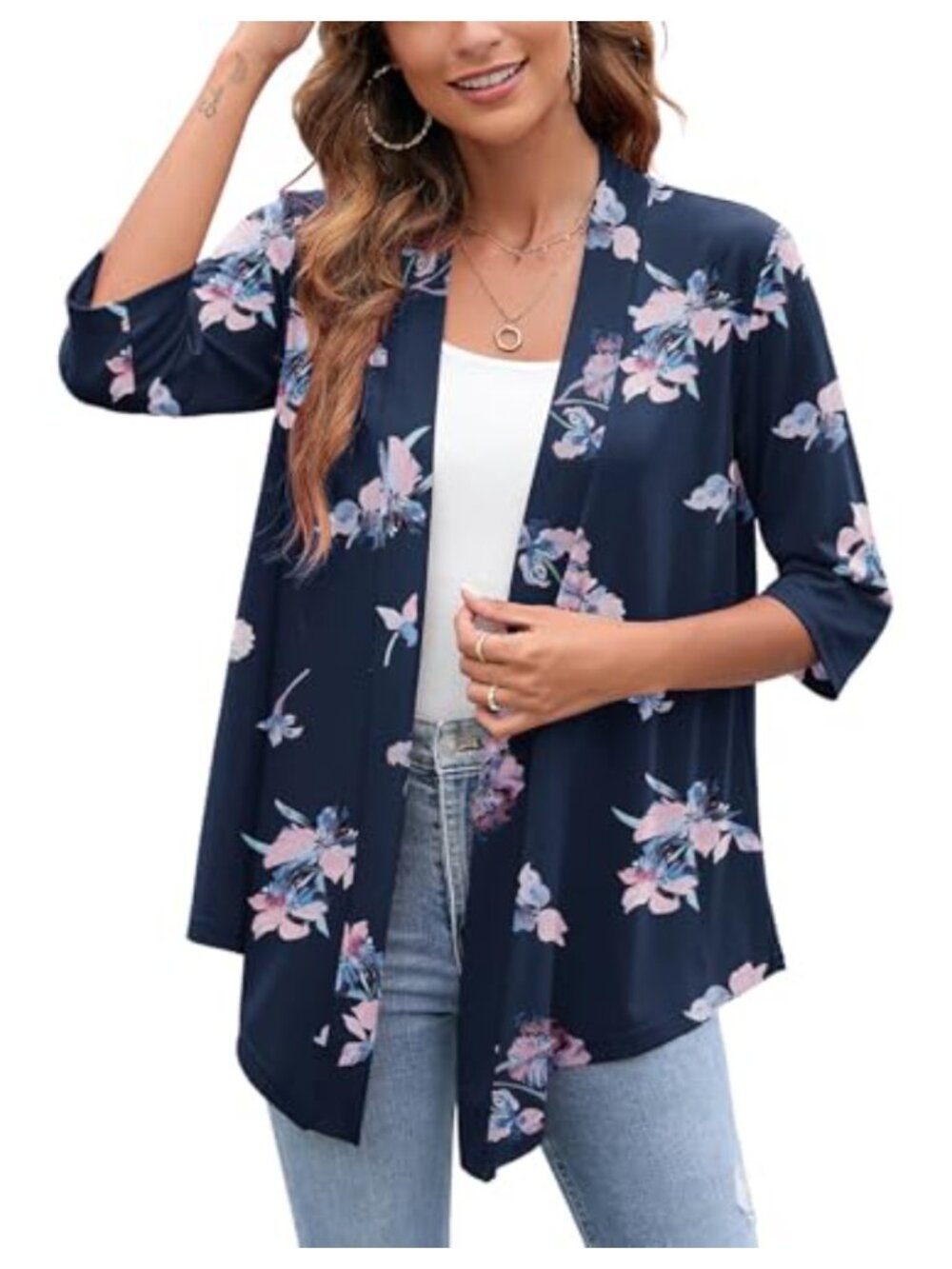 Womens Open Front Cardigan 3/4 Sleeve Lightweight Draped Flowy